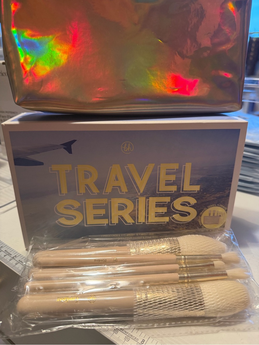 BH Cosmetics Holographic Rose Gold Travel Brush Set with Metallic Pouch 7pc